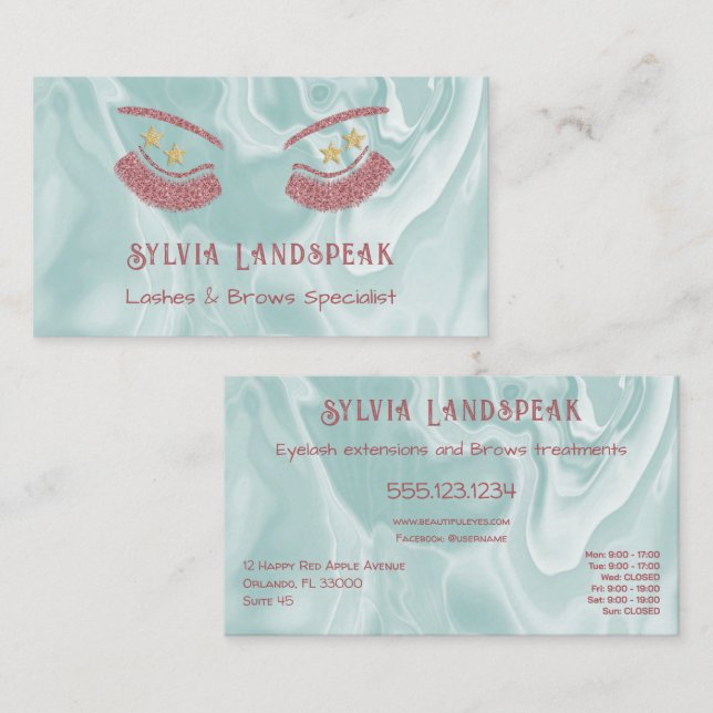 Thulian Rosa Glitter Eyelash & Blek Teal Marble Visitkort (Fram/baksida)