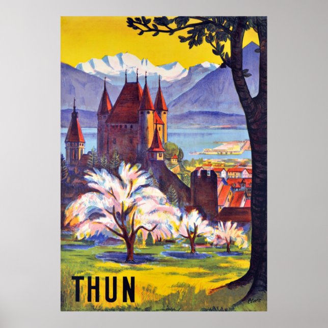 Thun, Castle och sjö, Schweiz Poster (Framsidan)