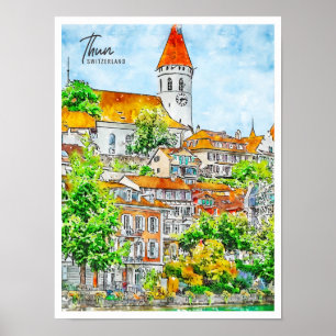 Thun Schweiz vintage resor, vattenfärg Poster