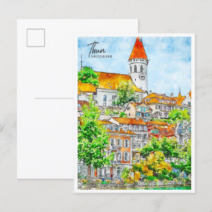 Thun Schweiz vintage resor, vattenfärg Vykort