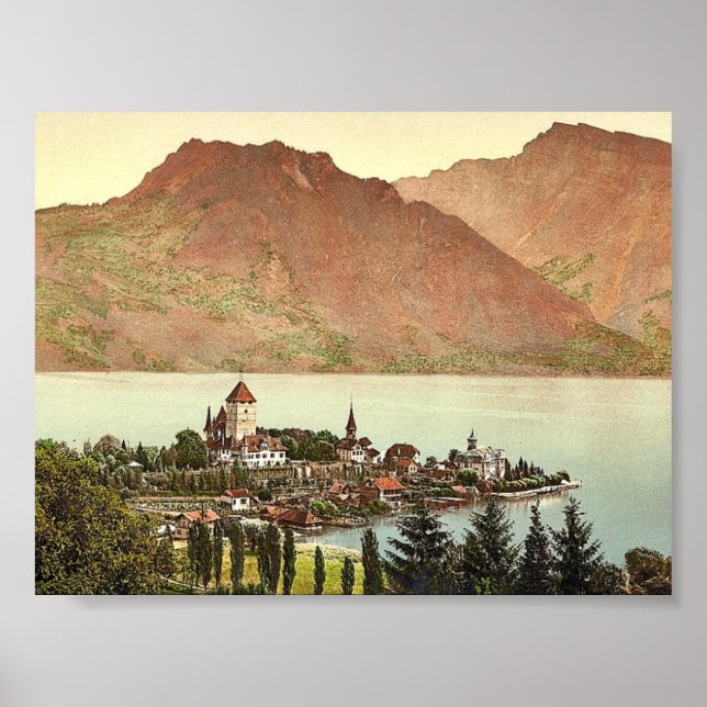 Thun, Sjö of, Spiez, Bernese Oberland, Schweiz Poster (Framsidan)