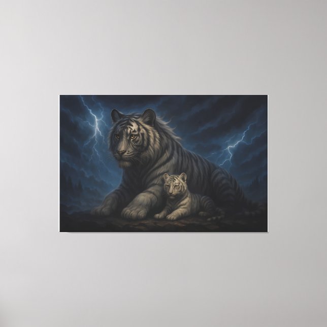 Thunderstorm Guardian White Tiger & Cub – Fantasy  Canvastryck (Framsida)