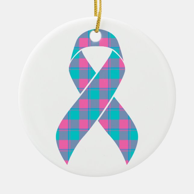 Thyroid Cancer Awareness Plaid Teal Ribbon Julgransprydnad Keramik (Framsidan)