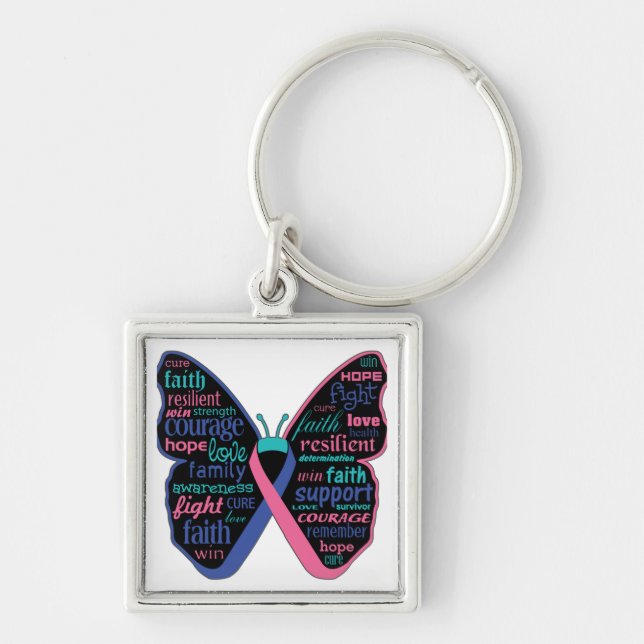 Thyroid Cancer Butterfly Collage of Ord Fyrkantig Silverfärgad Nyckelring (Framsidan)