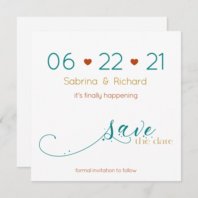 Ti-Färg BOHO Minimal Rust Teal Guld SavetheDate Inbjudningar (Fram/baksida)