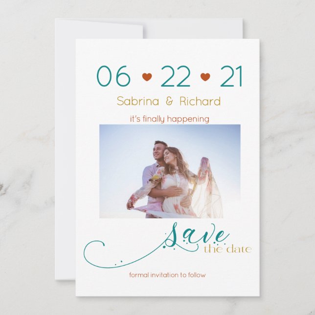 Ti-Färg BOHO Minimal Rust Teal Guld SavetheDate Spara Datumet (Framsida)