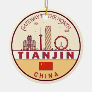 Tianjin China City Skyline Emblem Julgransprydnad Keramik