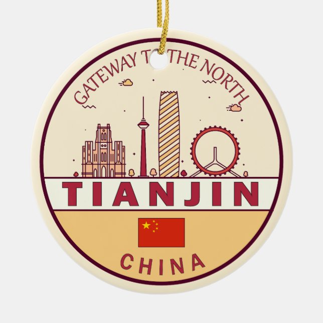 Tianjin China City Skyline Emblem Julgransprydnad Keramik (Framsidan)