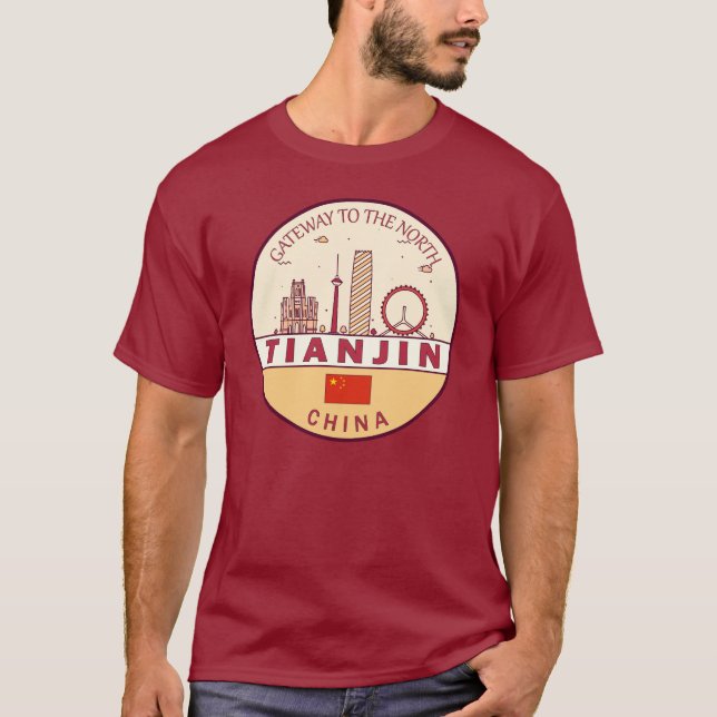 Tianjin China City Skyline Emblem T Shirt (Framsida)