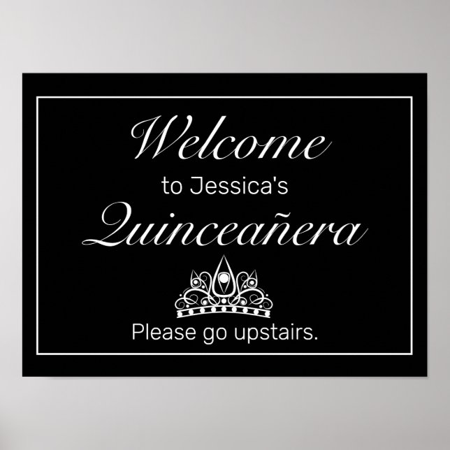 Tiara Black Minimalist Quinceanera Välkomstskylt Poster (Framsidan)