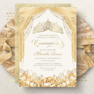 Tiara Blommig Guld Gul Modern Quinceanera Inbjudningar