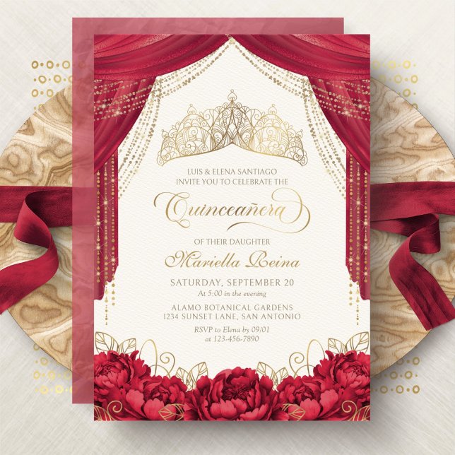Tiara Blommig Röd Modern Quinceanera Inbjudningar (Skapare uppladdad)