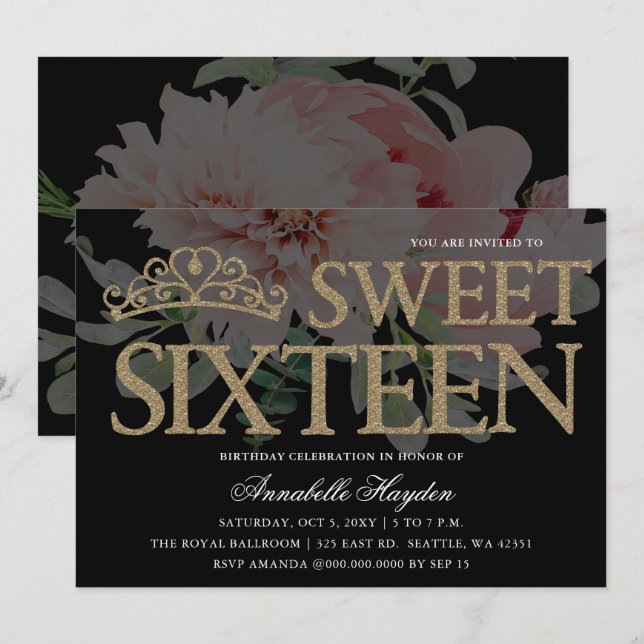 Tiara Blommigt Black och Guld Sweet 16 Inbjudningar (Fram/baksida)