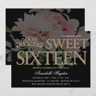 Tiara Blommigt Black och Guld Sweet 16 Inbjudningar