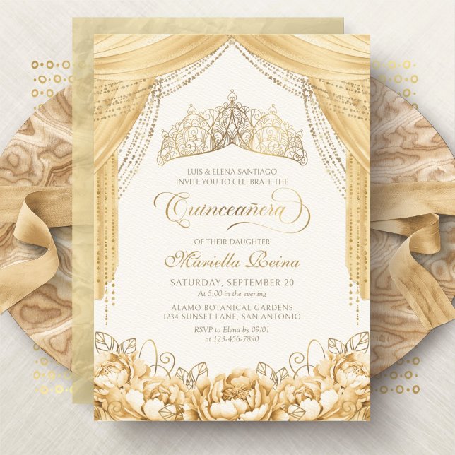 Tiara Blommigt Guld Gult Modern Quinceanera Inbjudningar (Skapare uppladdad)