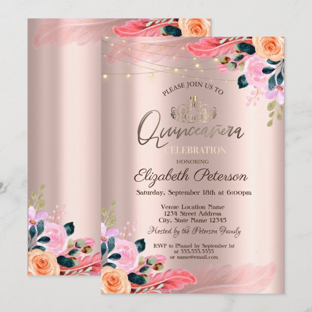 Tiara, Blommor Fjäder Rosa Guld Quinceañera Inbjudningar (Fram/baksida)