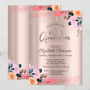 Tiara, Blommor Fjäder Rosa Guld Quinceañera Inbjudningar