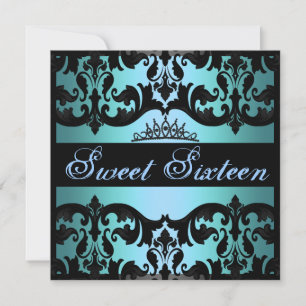 Tiara Blue Sweet16 Damask Birthday Inbjudan