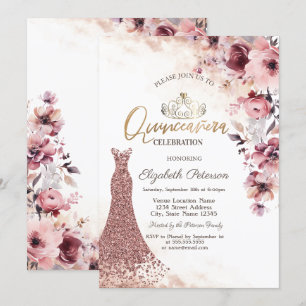 Tiara Blush Rosa Diamanter Klänning Quinceañera Inbjudningar