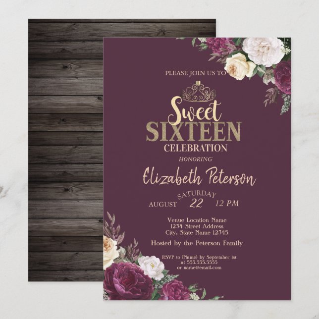 Tiara,Burgundy Flowers Wood Sweet 16 Party Inbjudningar (Fram/baksida)