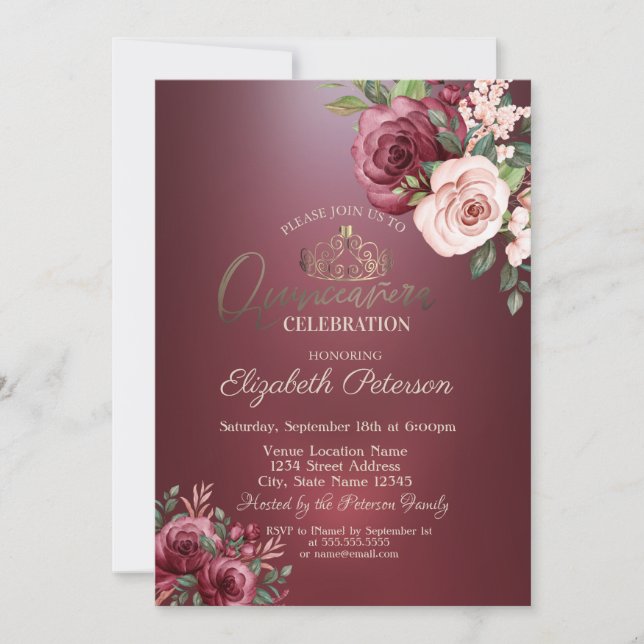 Tiara, Burgundy Ro Flowers Quinceañera Inbjudningar (Framsida)