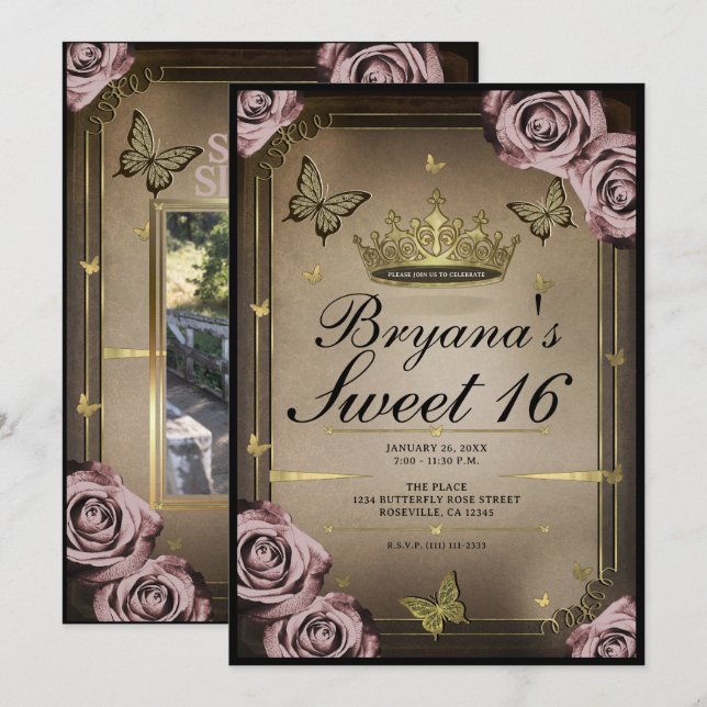 Tiara Butterflies Blek Rosa ros Sweet 16 Photo Inbjudningar (Fram/baksida)