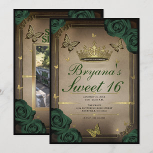 Tiara Butterflies Emerald Grönt Ro Sweet 16 Inbjudningar