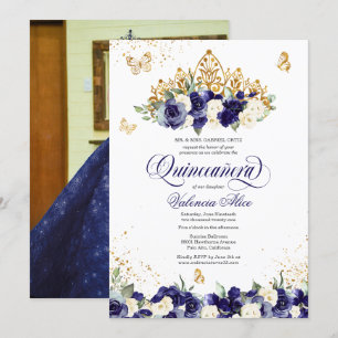 Tiara Butterfly Photo Quinceanera, blå Blommigt Inbjudningar