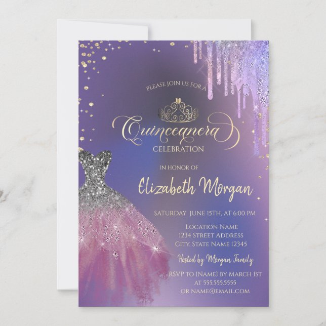 Tiara, Chic klänning drarperar violett Quinceañera Inbjudningar (Framsida)
