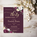 Tiara,Confetti Burgundy Blommigt 30års födelsedag  Inbjudningar<br><div class="desc">Guld tiara,  burgundblommor och guld konetti på burgundbakgrund födelsedagsfest inbjudan.</div>