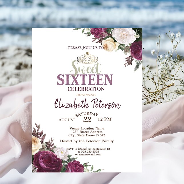 Tiara,Confetti Burgundy Flowers Sweet 16 Party Inbjudningar (Skapare uppladdad)