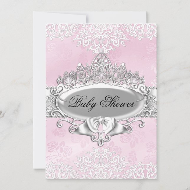 Tiara & Damask Rosa Prinsessa Baby Shower inbjudan (Framsida)