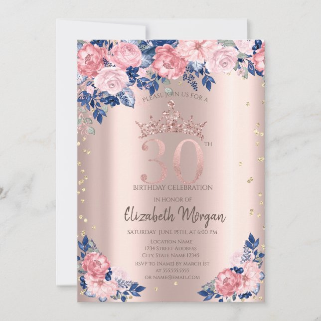 Tiara Diamanter Blå Rosor Roséguld 30-årsdag Inbjudningar (Framsida)