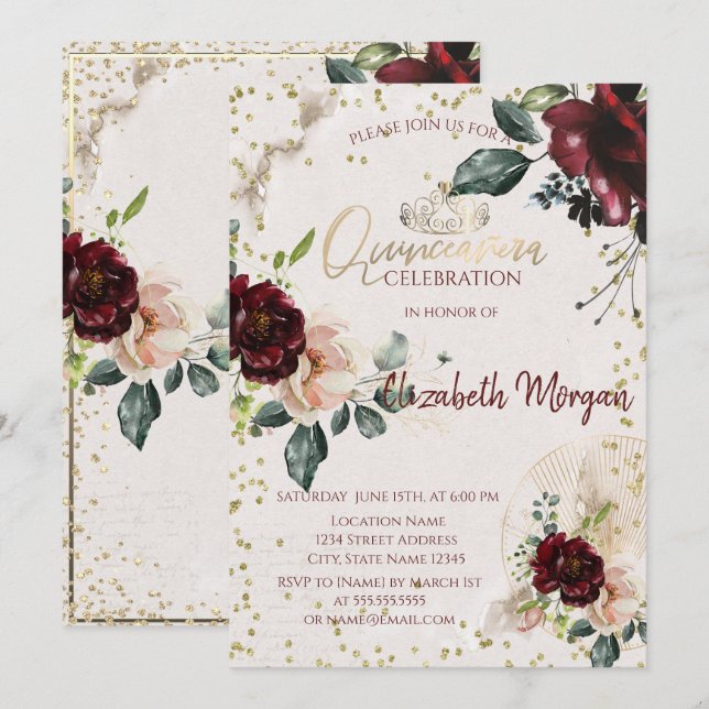 Tiara, diamanter burgunderrosor Quinceañera Inbjudningar (Fram/baksida)
