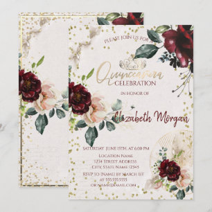 Tiara, diamanter burgunderrosor Quinceañera Inbjudningar