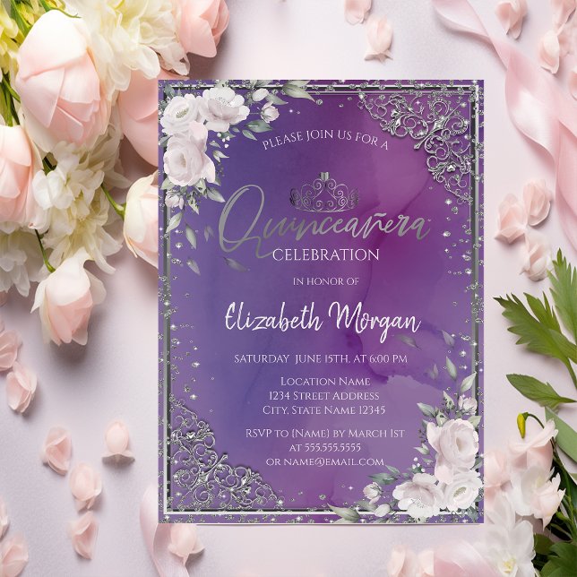 Tiara, Diamantram Ramblomster Violett Quinceañera Inbjudningar (Skapare uppladdad)