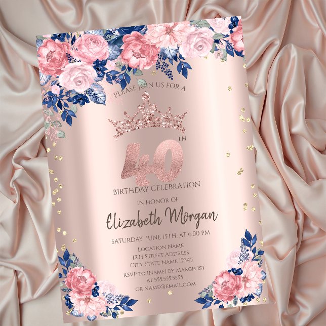 Tiara Diamonds Blå Rosor Roséguld 40-årsdag Inbjudningar (Skapare uppladdad)