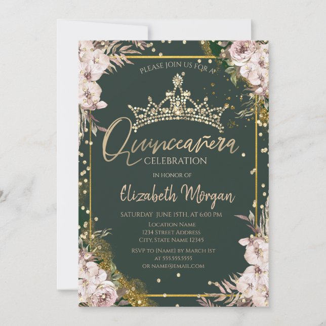 Tiara,Diamonds Boho Blommor Grön Quinceañera  Inbjudningar (Framsida)