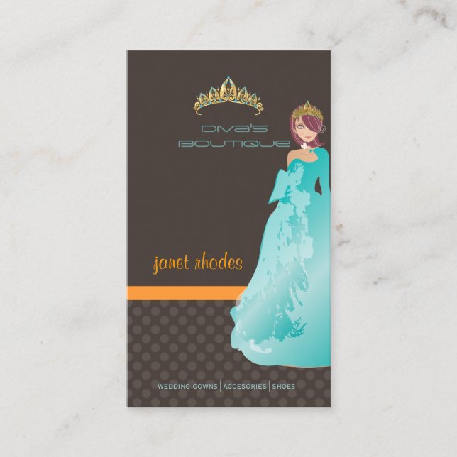 Tiara/divas boutique/mörk taupe/teal/orange visitkort (Framsida)