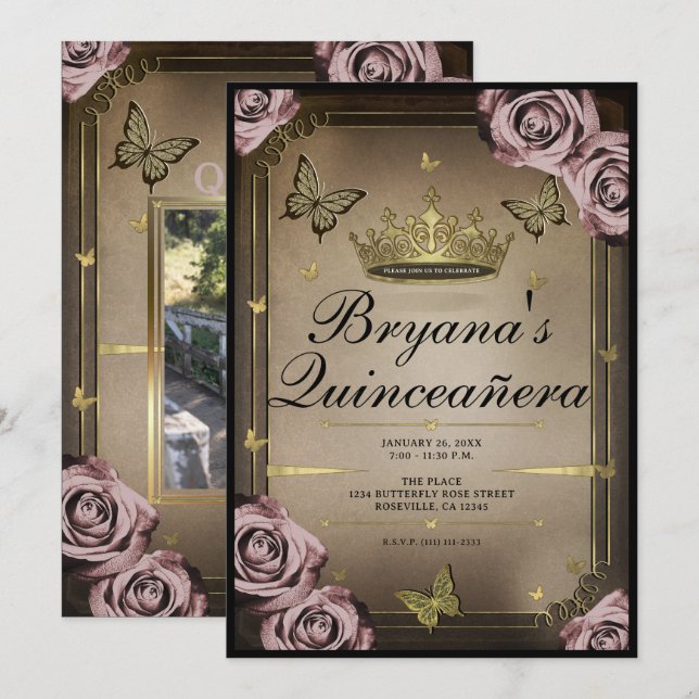 Tiara Fjärilar Bleka Rosa Rosor Quinceañera Inbjudningar (Fram/baksida)