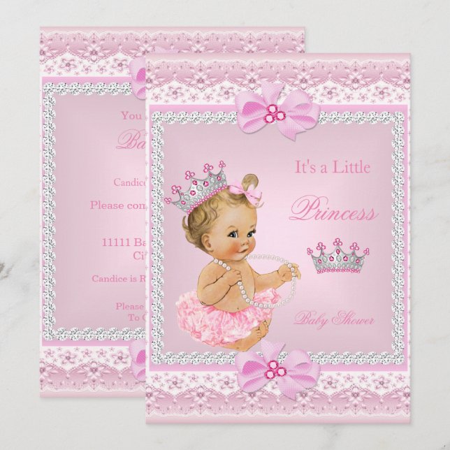 Tiara Girl Princess Baby Shower Rosa Pearls Blonde Inbjudningar (Fram/baksida)