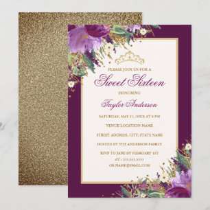 Tiara Glitter Amethyst Lila Blommig Sweet Sixteen Inbjudningar