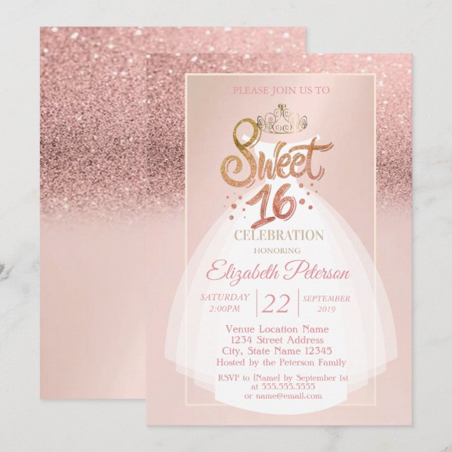 Tiara, Glitter bokeh Ombre, Dress Sweet 16 Party Inbjudningar (Fram/baksida)