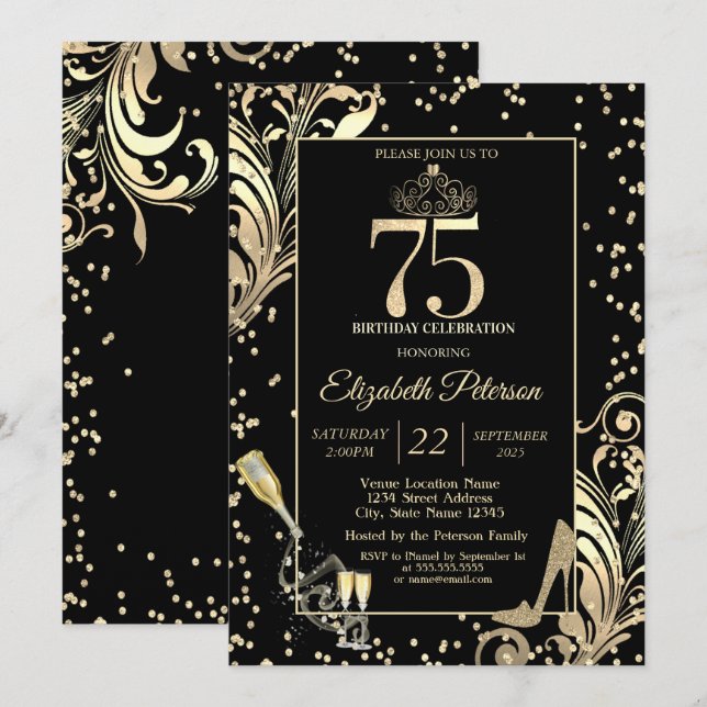 Tiara Glitter Heels Diamonds Swirls 75:e Birthday Inbjudningar (Fram/baksida)