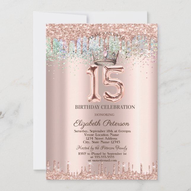 Tiara, Glitterdroppar Rainbow Konfetti Quinceañera Inbjudningar (Framsida)