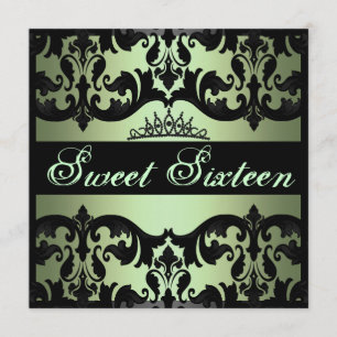 Tiara Grön Sweet16 Damask Födelsedagsinbjudan Inbjudningar