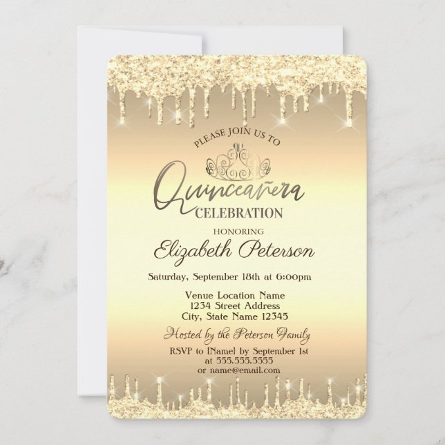 Tiara, Guld Glitterdroppar Quinceañera  Inbjudningar (Framsida)