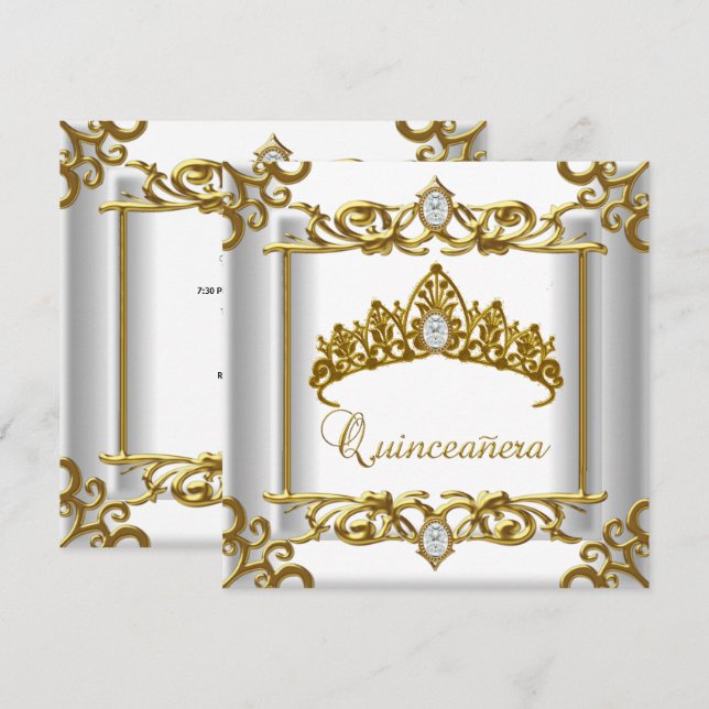 Tiara Guld Vit Quinceanera 15-årsdag Inbjudningar (Fram/baksida)
