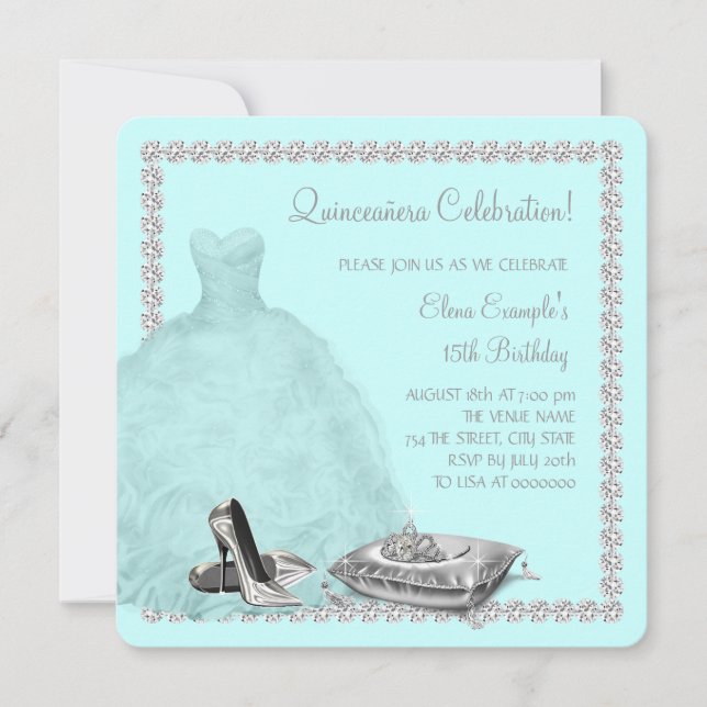 Tiara High Heel Shoes Teal Blue Quinceanera Inbjudningar (Framsida)