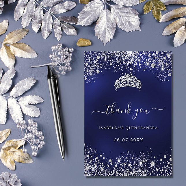 Tiara i Quinceanera marinblå silver glitter Tack Kort (Skapare uppladdad)